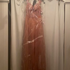 Morrell Maxie prom dress pink/ rose gold with floral beading.